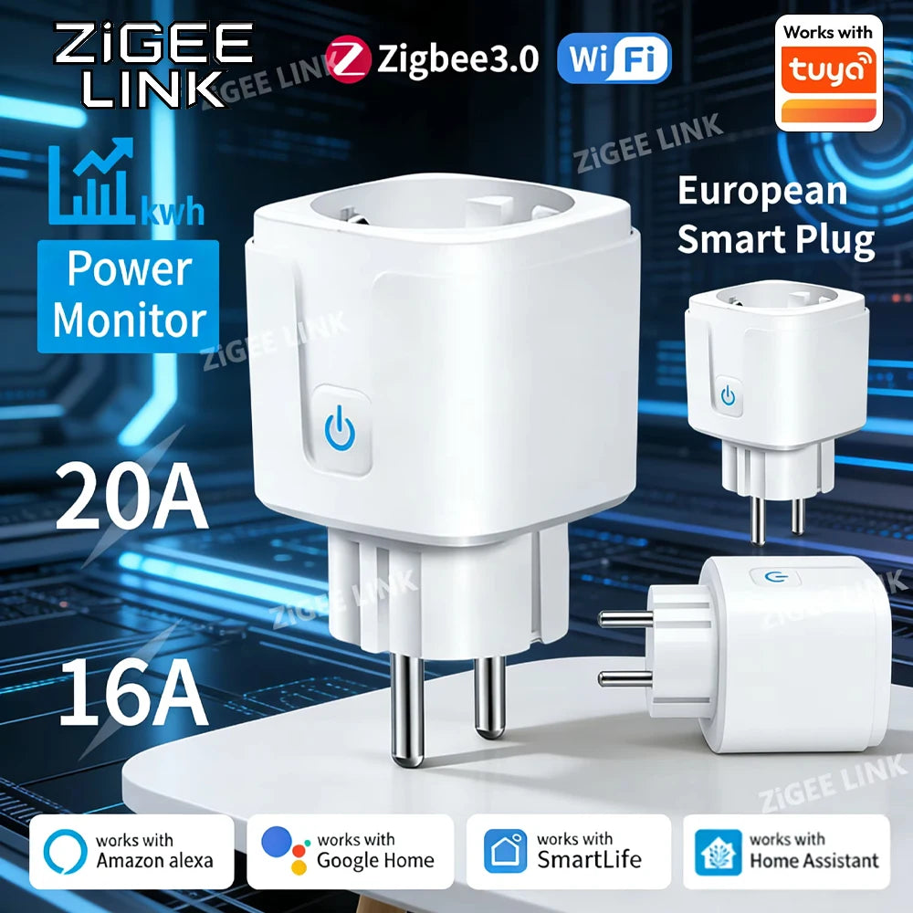Zigbee or WiFi Smart Plug 16A/20A EU Smart Socket With Power Monitoring Timing Function Voice Control Via Tuya Alexa Google Home