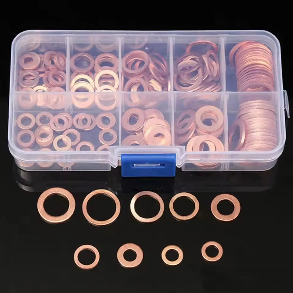 100PCS Copper Washer Gasket Nut And Bolt Set Flat Ring Seal Assortment Kit With Box M4/M5/M6/M8/M10/M12/M14 For Sump Plugs