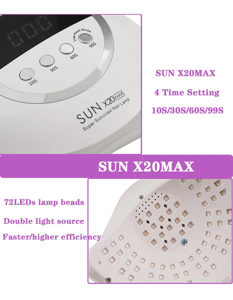 SUN X20MAX Nail Dryer Machine 72 LEDs UV LED Lamp for Nails Gel Polish Curing Manicure Lamp 10/30/60/99s Timer LCD Display
