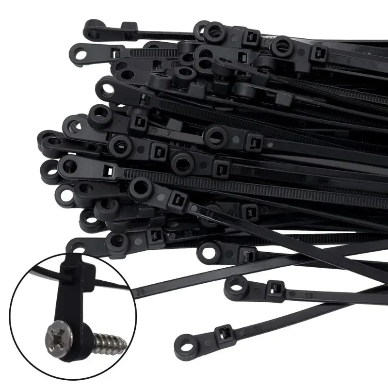 100PCS Screw Hole Nylon Cable Ties Multipurpose Duty Adjustable Self-locking Cord Ties Organizer Straps Fastening Loop