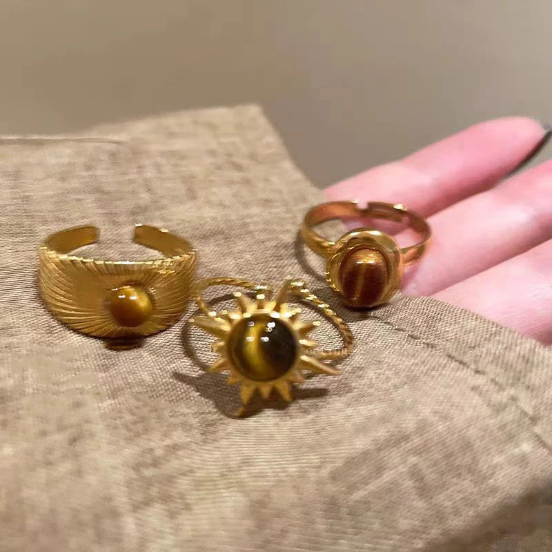 Vintage Brown Stone Rings for Women Girls Sun Irregular Gold Color Aesthetic Ring Fine Jewelry Fashion Party Accessories Gifts