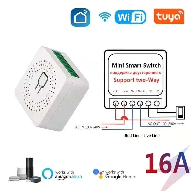 16A Tuya WiFi Smart Switch Module Mini Breaker 2-way Control Smart Life App Voice Control Work With Alexa Google Alice