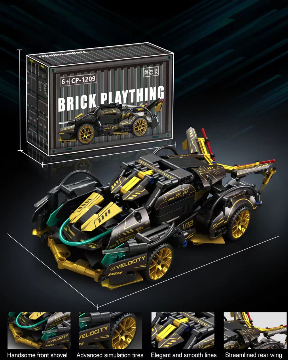 2026New Building Block Racing Car V12 Building Block Car Black and Gold Fine Model Car Birthday Gift Gift for boyfriend