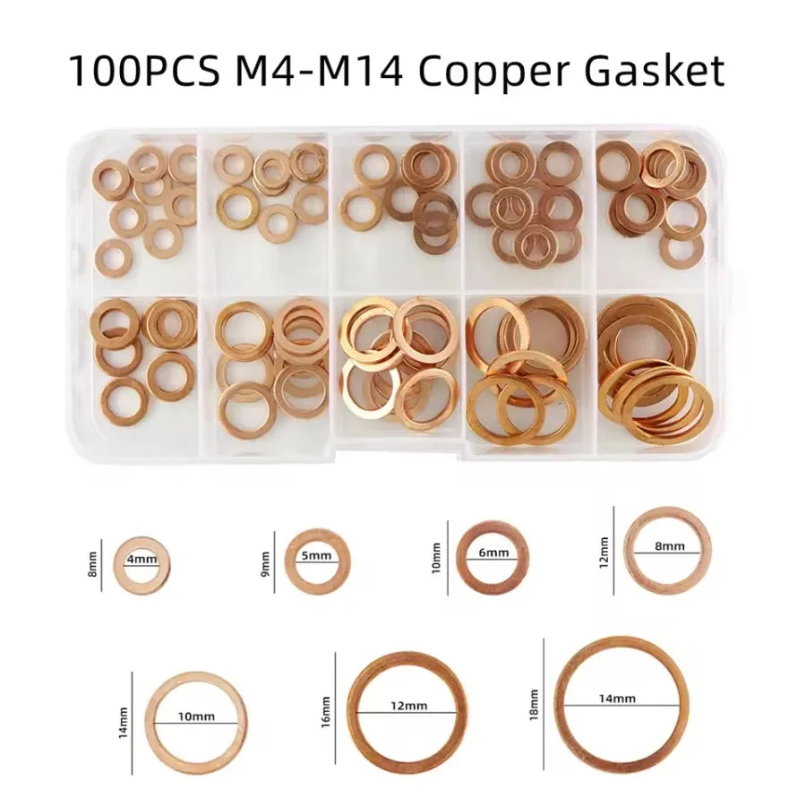 100PCS Copper Washer Gasket Nut And Bolt Set Flat Ring Seal Assortment Kit With Box M4/M5/M6/M8/M10/M12/M14 For Sump Plugs