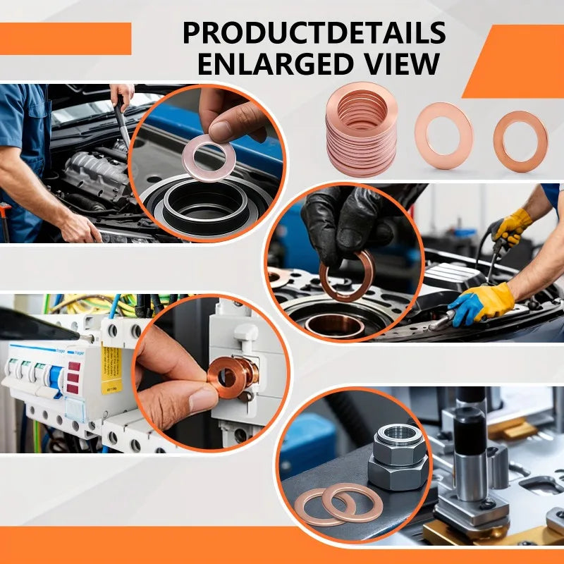 100PCS Copper Washer Gasket Nut And Bolt Set Flat Ring Seal Assortment Kit With Box M4/M5/M6/M8/M10/M12/M14 For Sump Plugs