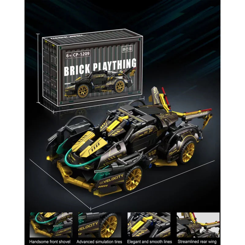 2026New Building Block Racing Car V12 Building Block Car Black and Gold Fine Model Car Birthday Gift Gift for boyfriend