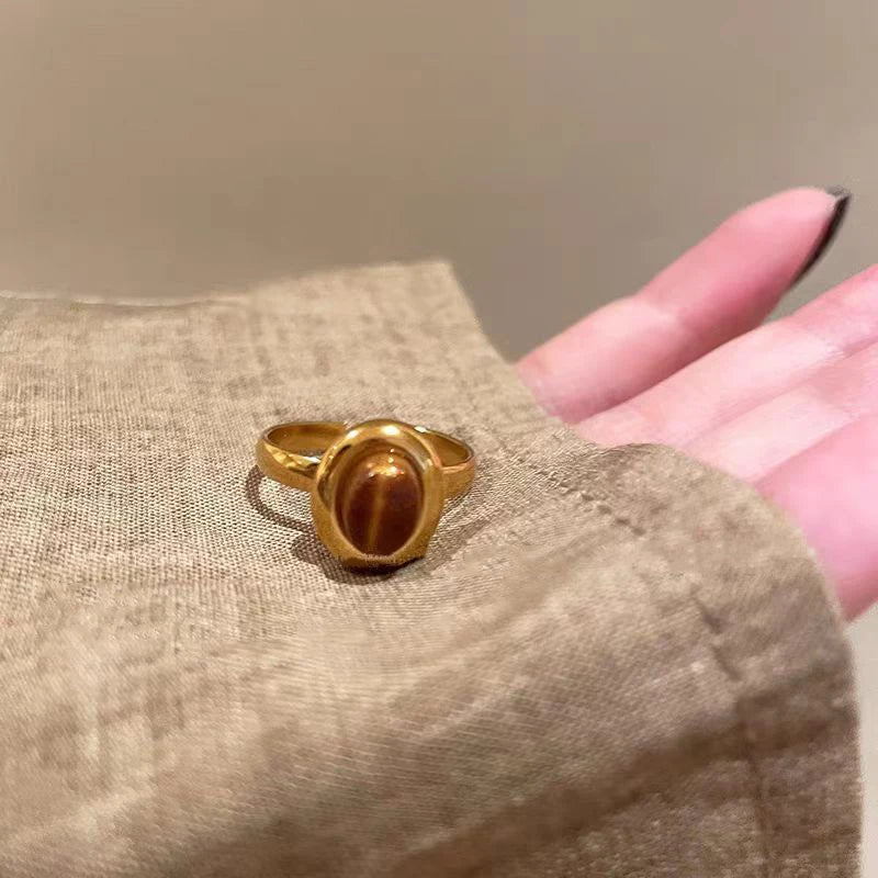Vintage Brown Stone Rings for Women Girls Sun Irregular Gold Color Aesthetic Ring Fine Jewelry Fashion Party Accessories Gifts