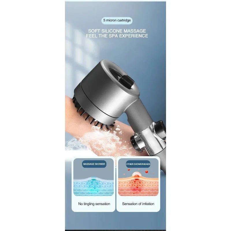 3-Mode Adjustable High Pressurized Filter Shower Head with Massage Brush Rain Faucet - Bathroom Shower Accessories