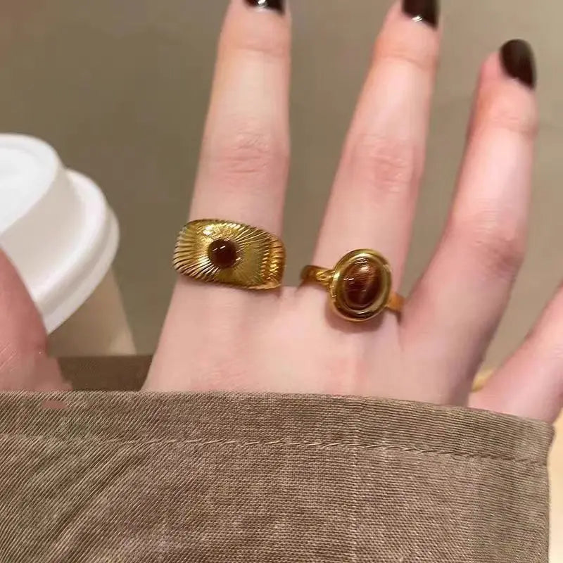 Vintage Brown Stone Rings for Women Girls Sun Irregular Gold Color Aesthetic Ring Fine Jewelry Fashion Party Accessories Gifts
