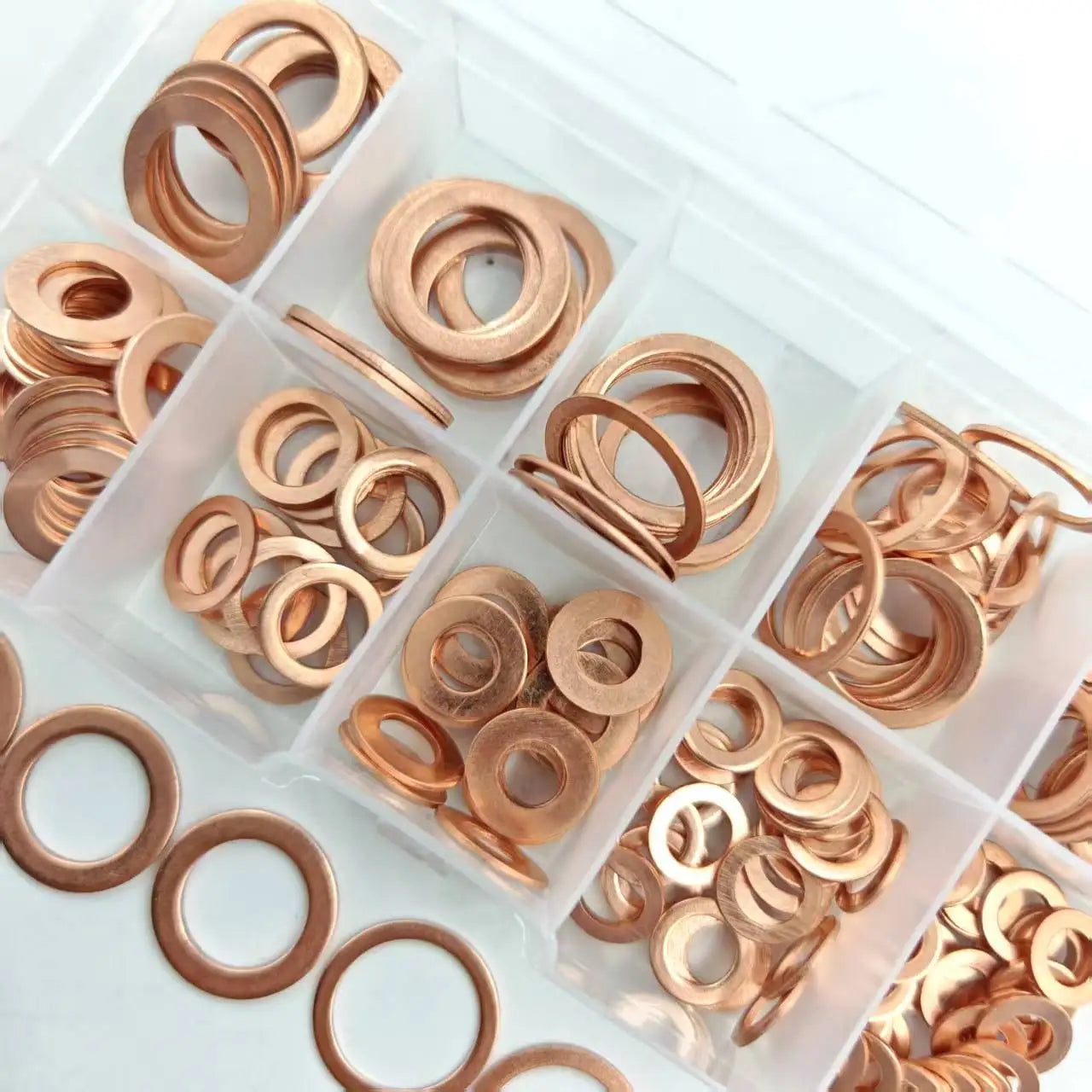 100PCS Copper Washer Gasket Nut And Bolt Set Flat Ring Seal Assortment Kit With Box M4/M5/M6/M8/M10/M12/M14 For Sump Plugs